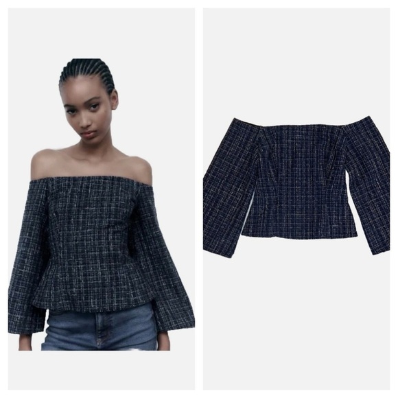 NWT ZARA Tweed Textured Off Shoulder Top Flare Long Sleeves size S - Picture 3 of 11